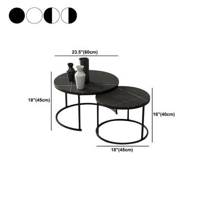 Iron-Frame Round Stone Top Nesting Coffee Tables — White / Black/ White
