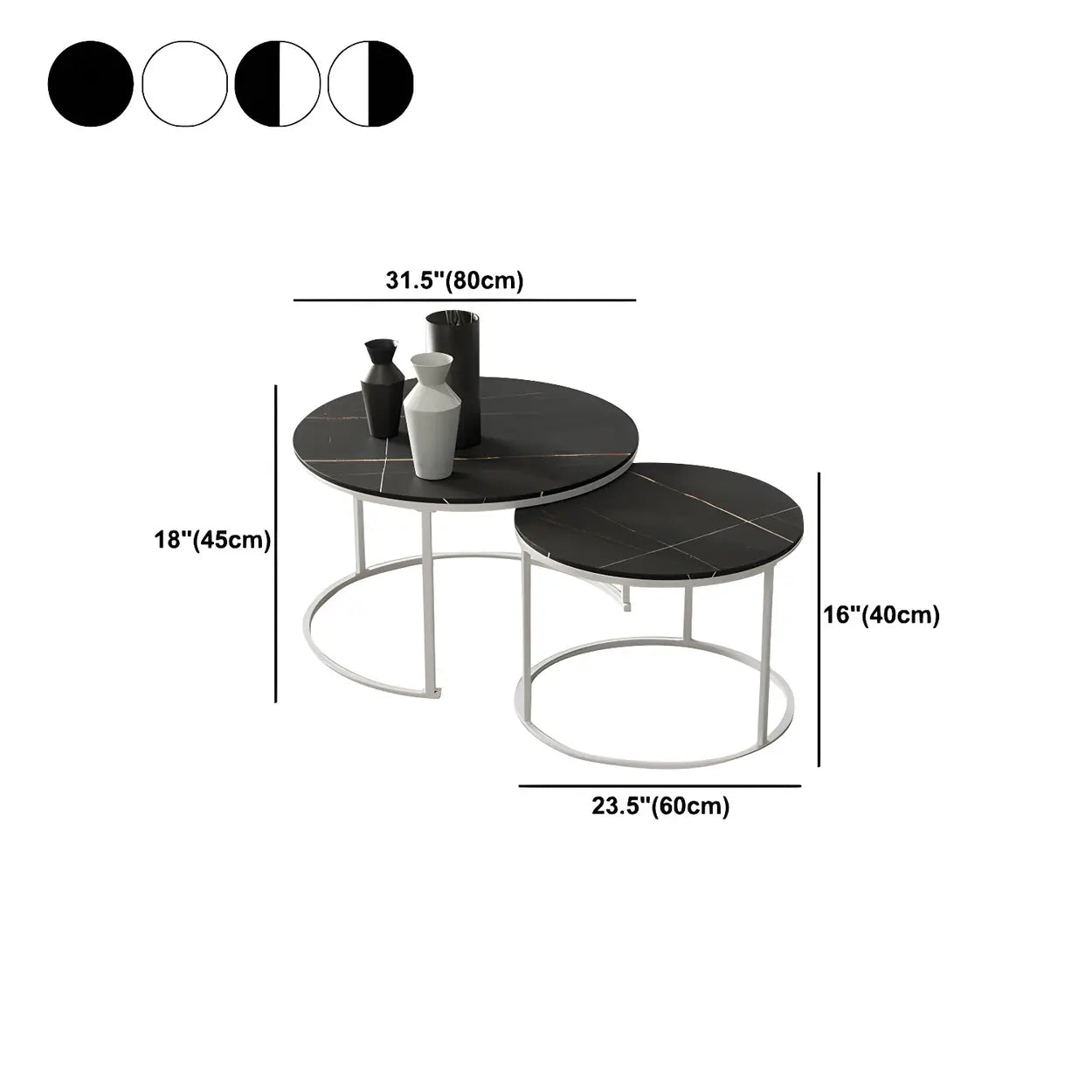 Iron-Frame Round Stone Top Nesting Coffee Tables — White / Black/ Black
