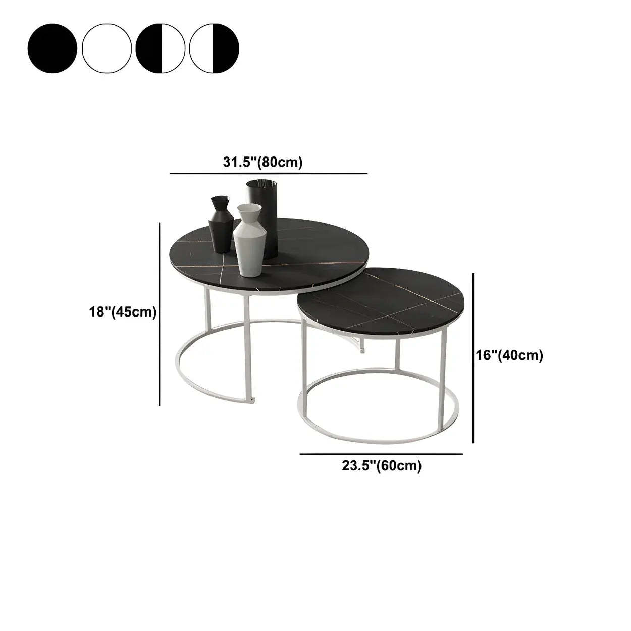 Iron-Frame Round Stone Top Nesting Coffee Tables — White / Black/ Black