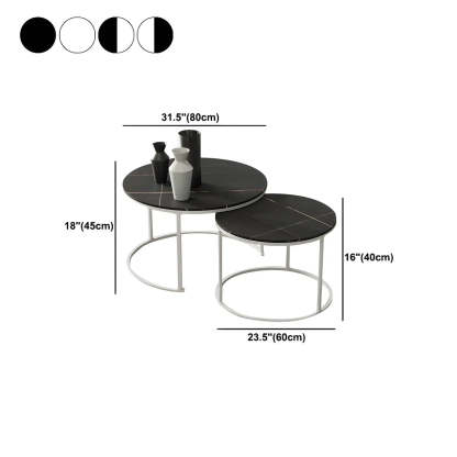 Iron-Frame Round Stone Top Nesting Coffee Tables — White / Black/ Black