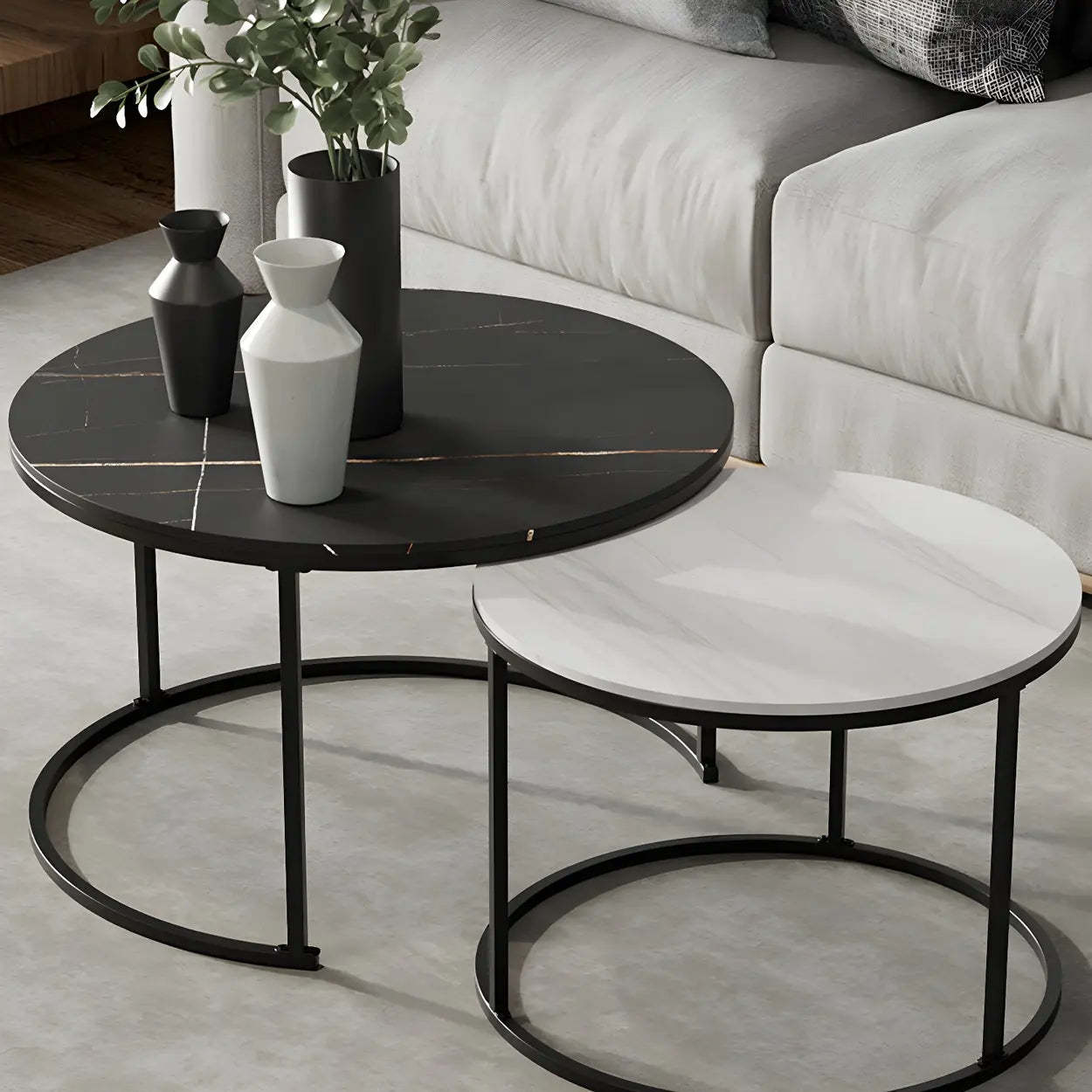 Iron-Frame Round Stone Top Nesting Coffee Tables — Black / White/ Black