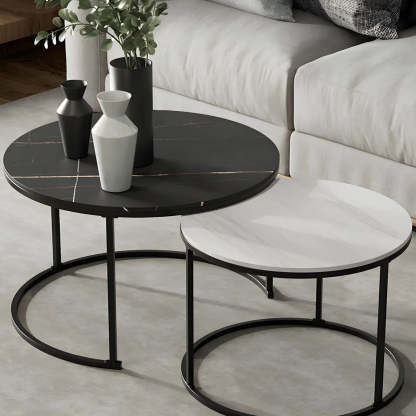 Iron-Frame Round Stone Top Nesting Coffee Tables — Black / White/ Black