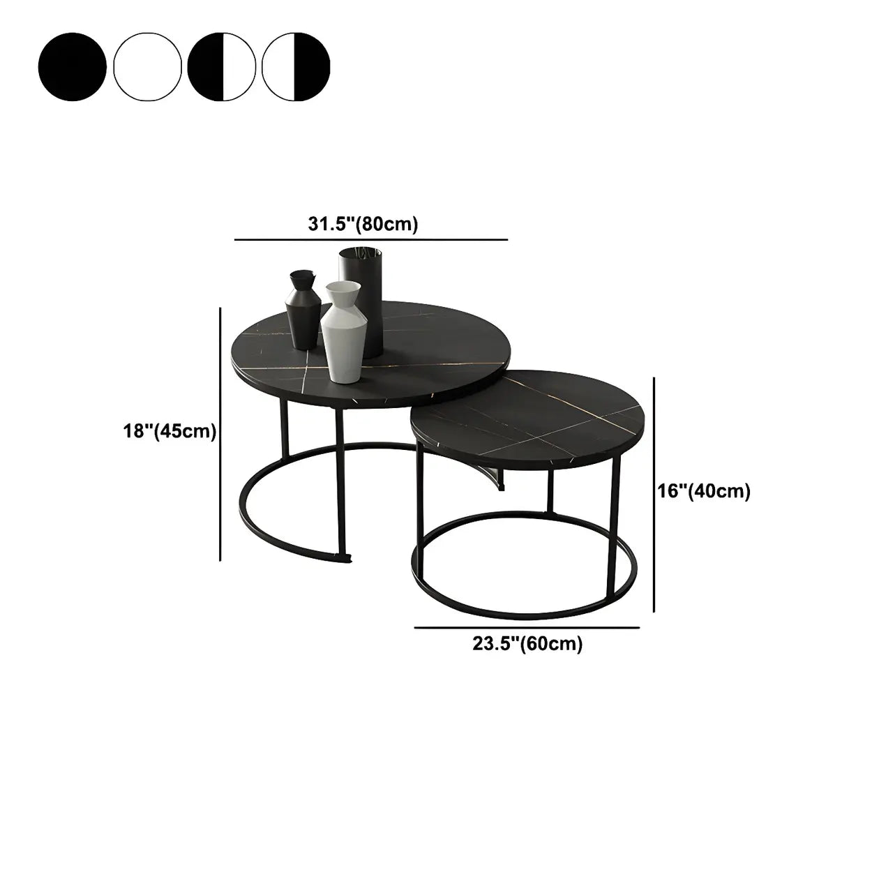 Iron-Frame Round Stone Top Nesting Coffee Tables — White / White/ White