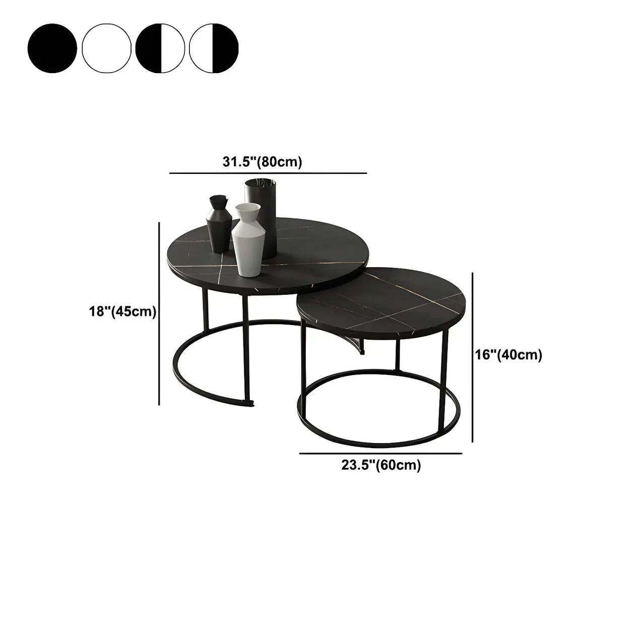 Iron-Frame Round Stone Top Nesting Coffee Tables — White / White/ White