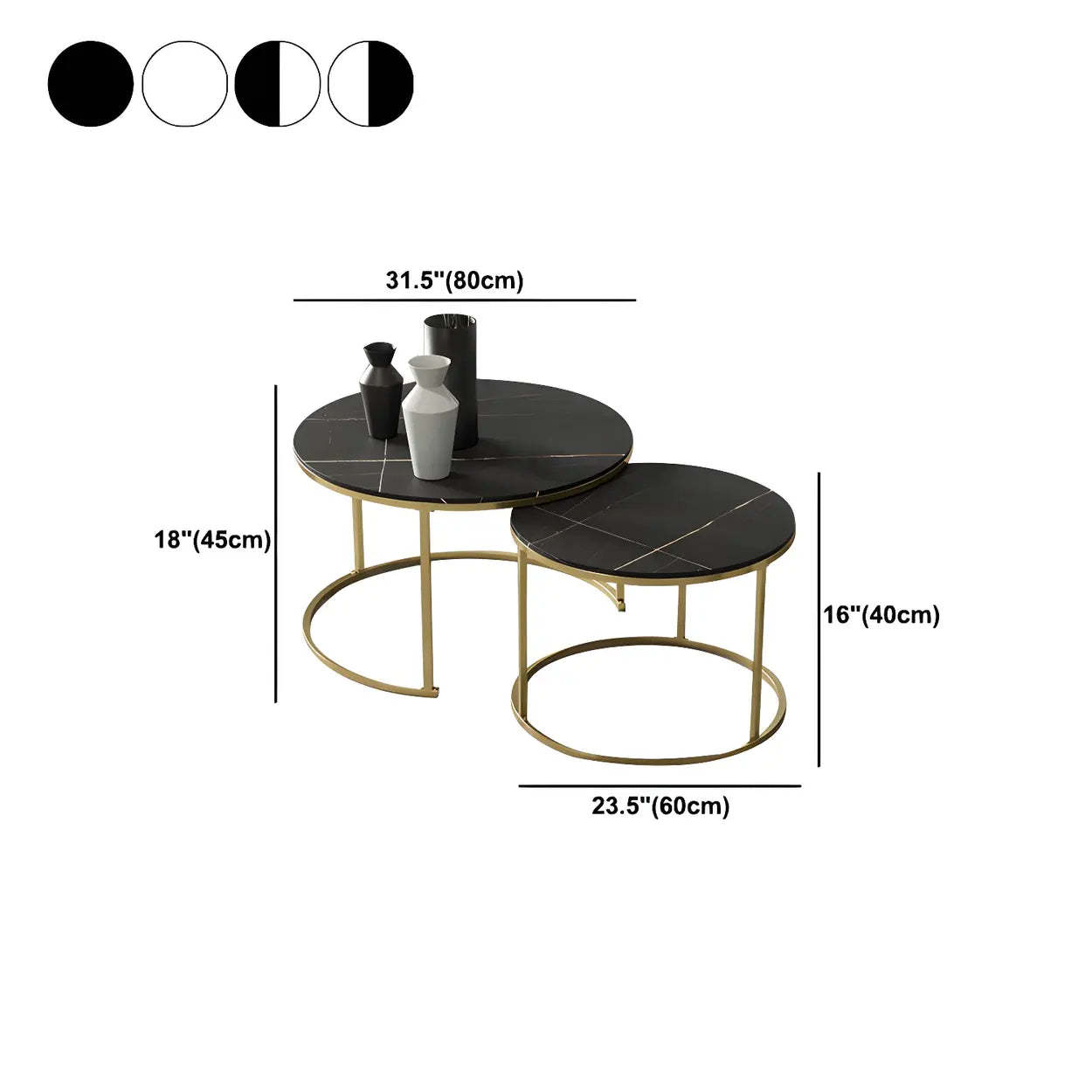 Iron-Frame Round Stone Top Nesting Coffee Tables — Gold / Black/ White