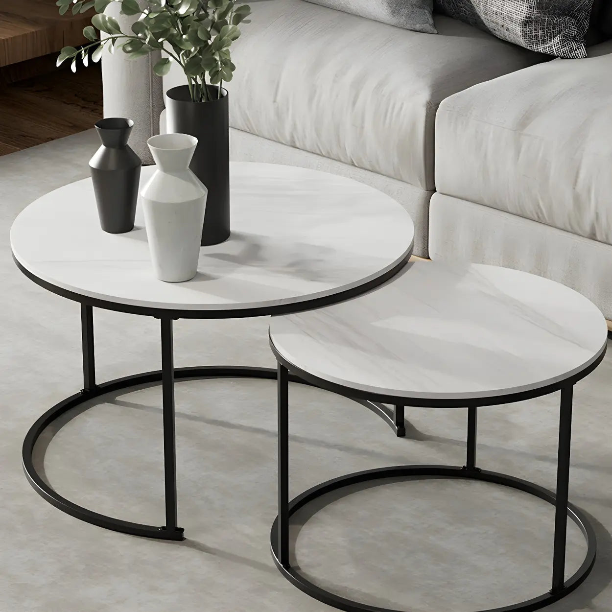 Iron-Frame Round Stone Top Nesting Coffee Tables — Black / Black/ Black