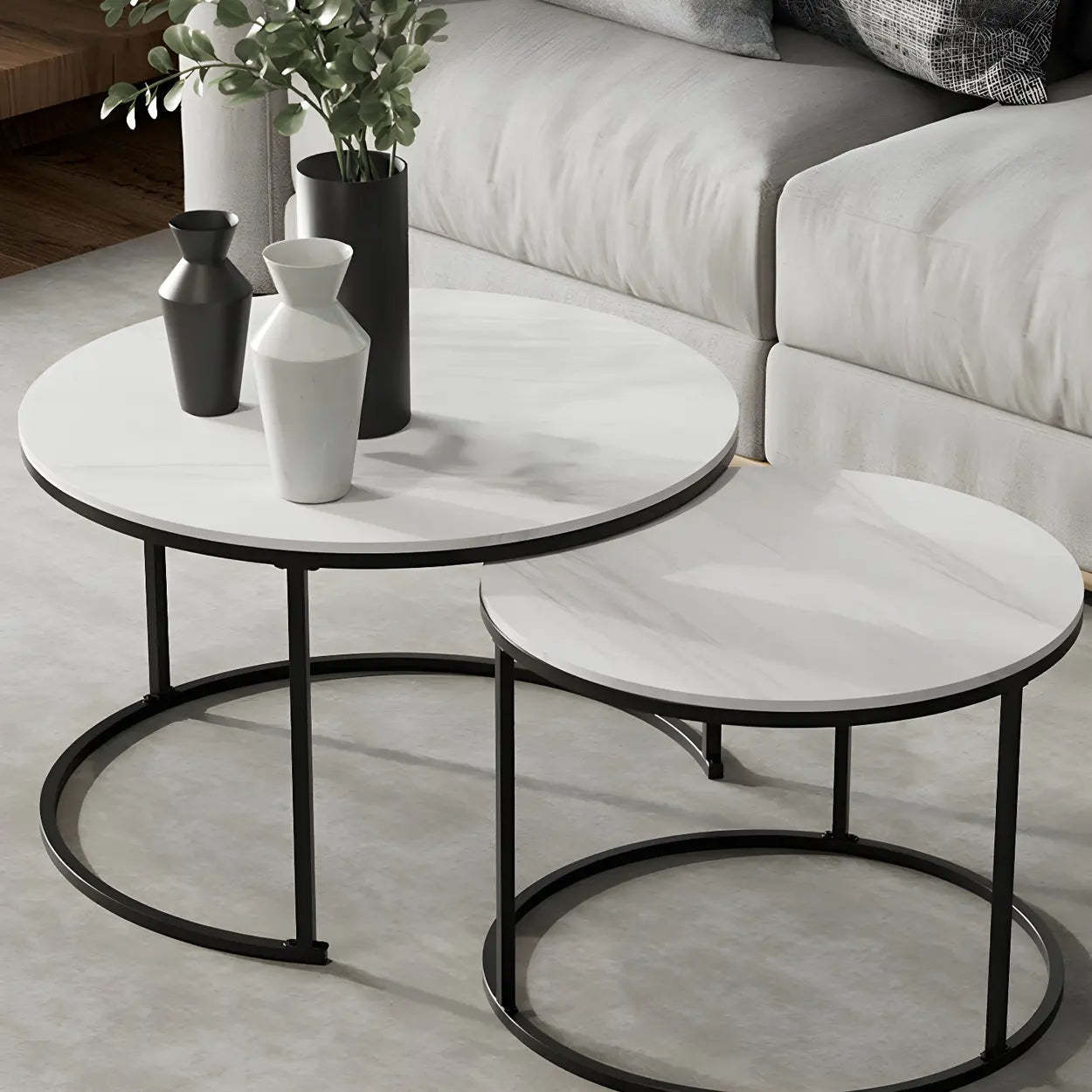 Iron-Frame Round Stone Top Nesting Coffee Tables — Black / Black/ Black