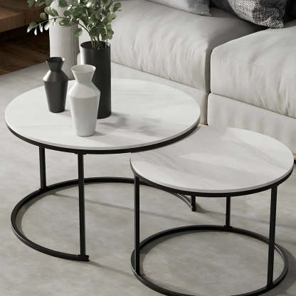 Iron-Frame Round Stone Top Nesting Coffee Tables — Black / Black/ Black