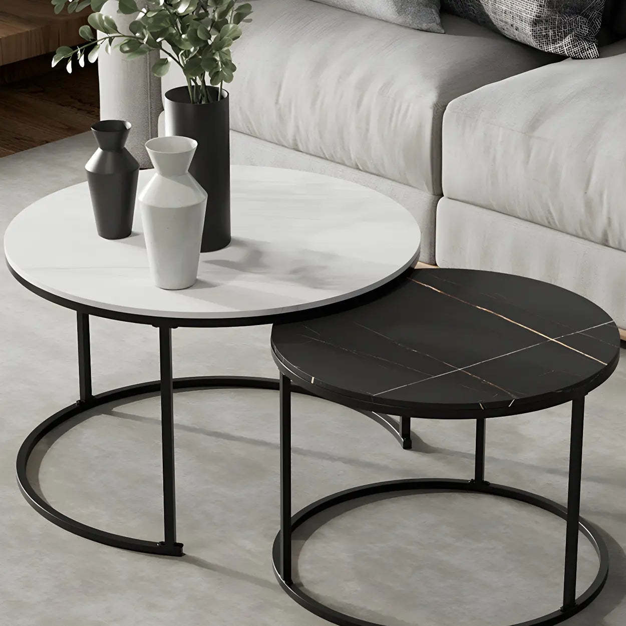 Iron-Frame Round Stone Top Nesting Coffee Tables — Black / White/ White