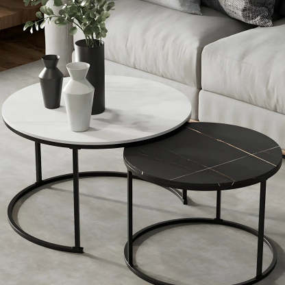 Iron-Frame Round Stone Top Nesting Coffee Tables — Black / White/ White