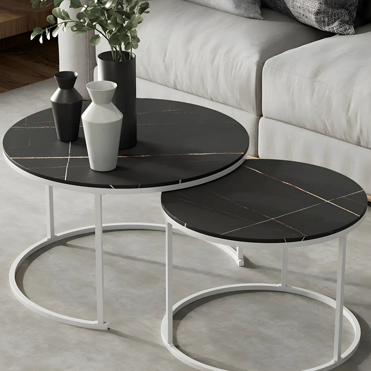 Iron-Frame Round Stone Top Nesting Coffee Tables — White / Black/ White