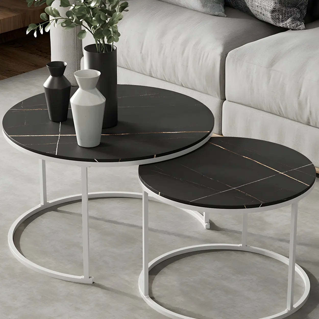 Iron-Frame Round Stone Top Nesting Coffee Tables — White / Black/ White