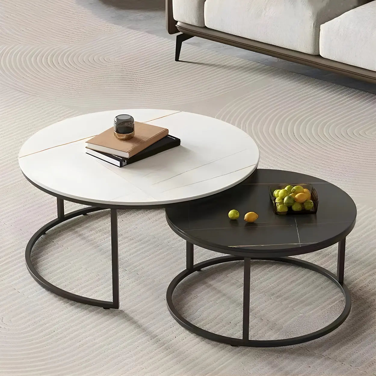 Iron-Frame Round Stone Top Nesting Coffee Tables — White / White/ Black