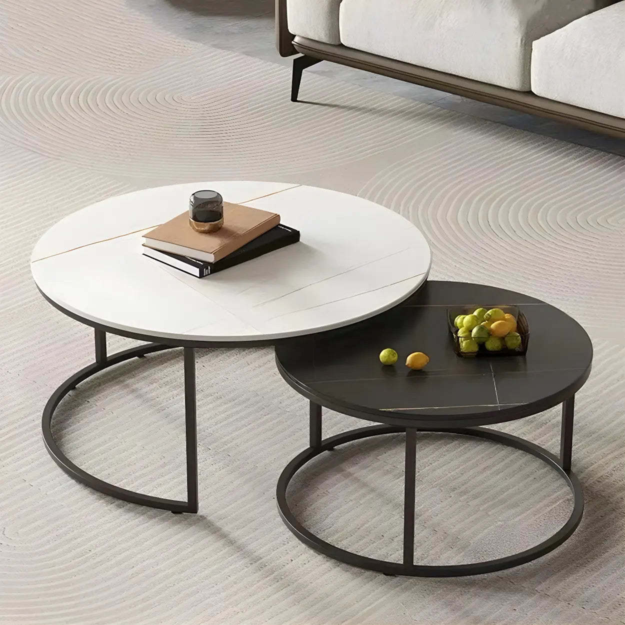 Iron-Frame Round Stone Top Nesting Coffee Tables — White / White/ Black