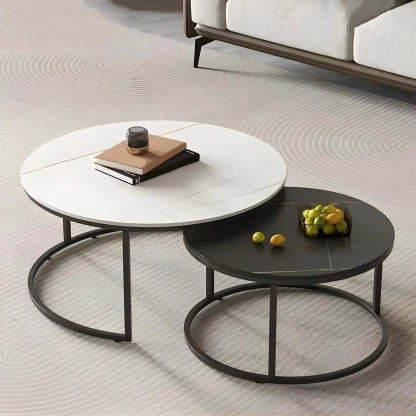 Iron-Frame Round Stone Top Nesting Coffee Tables — White / White/ Black
