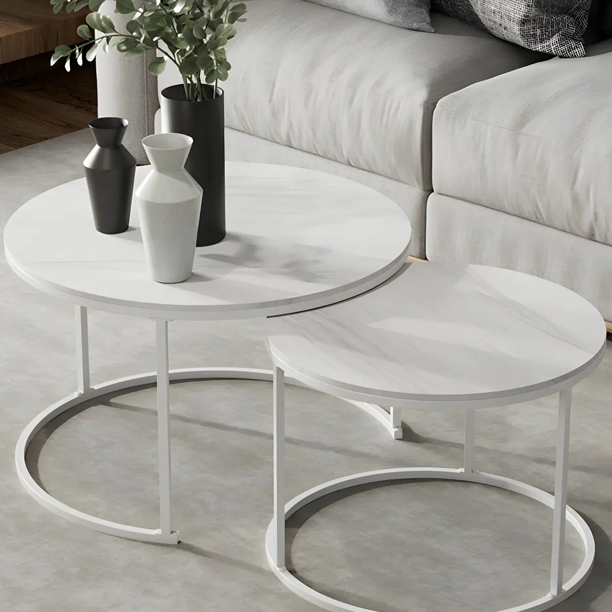 Iron-Frame Round Stone Top Nesting Coffee Tables — White / Black/ Black