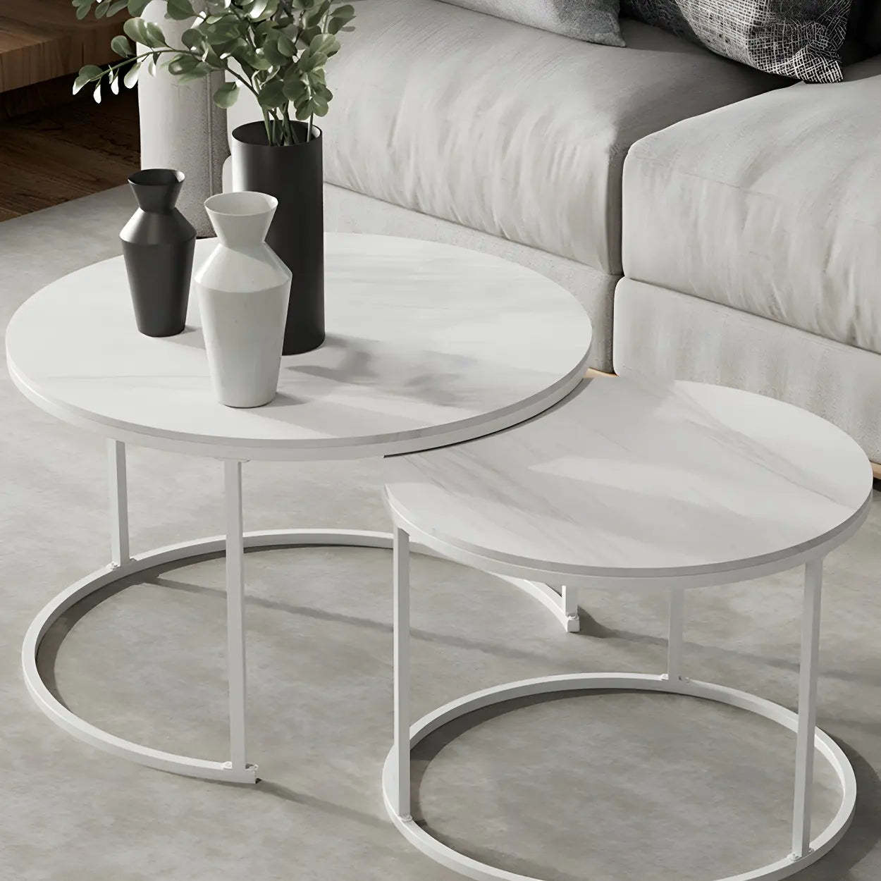 Iron-Frame Round Stone Top Nesting Coffee Tables — White / Black/ Black
