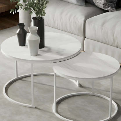Iron-Frame Round Stone Top Nesting Coffee Tables — White / Black/ Black