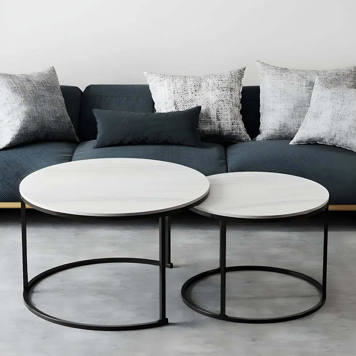 Iron-Frame Round Stone Top Nesting Coffee Tables — White / White/ White