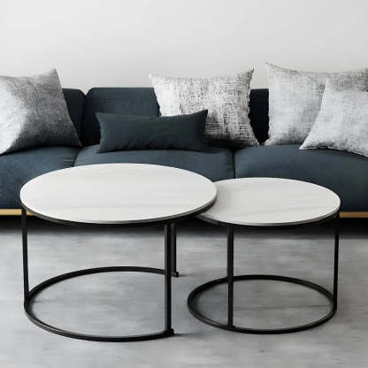 Iron-Frame Round Stone Top Nesting Coffee Tables — White / White/ White