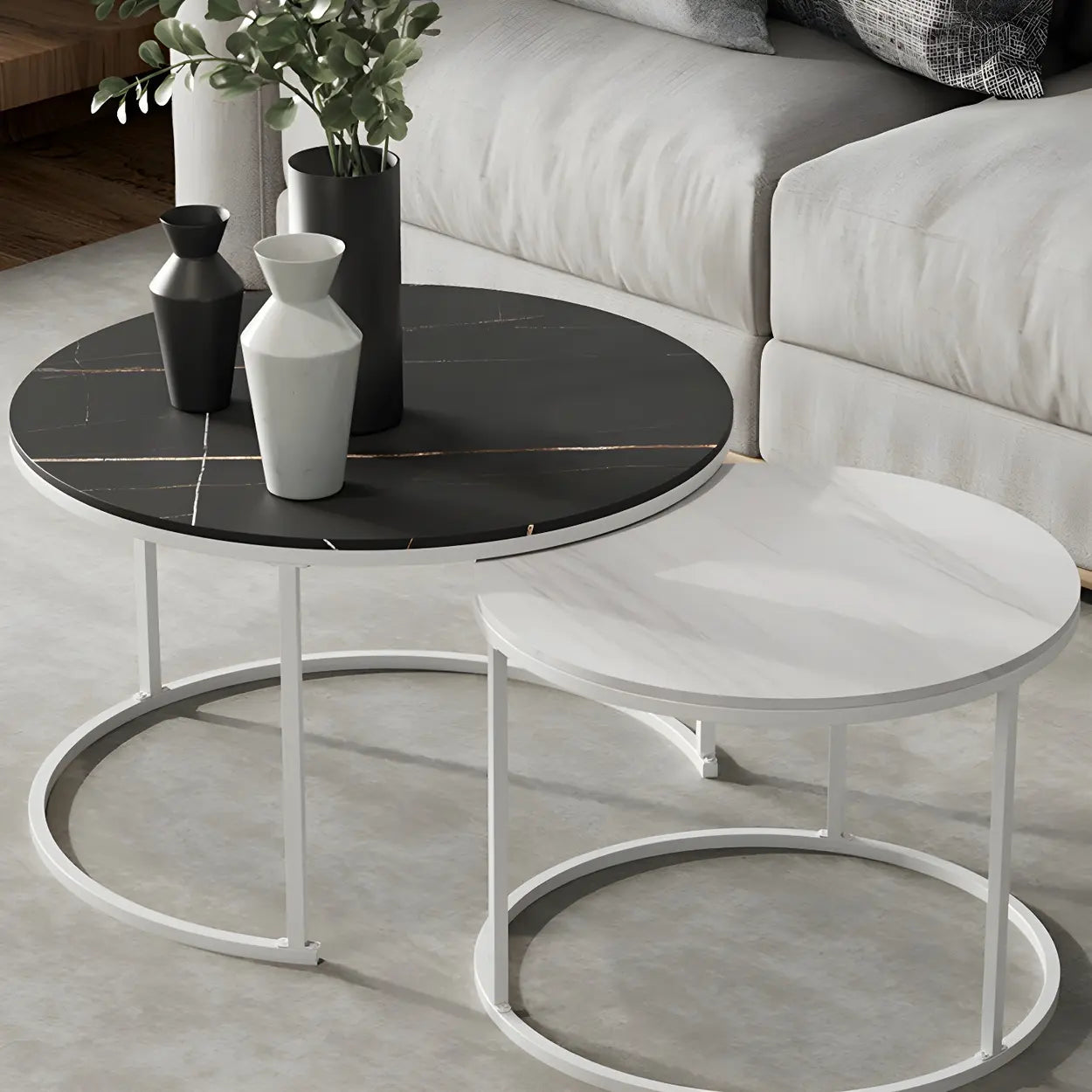 Iron-Frame Round Stone Top Nesting Coffee Tables — Gold / Black/ White