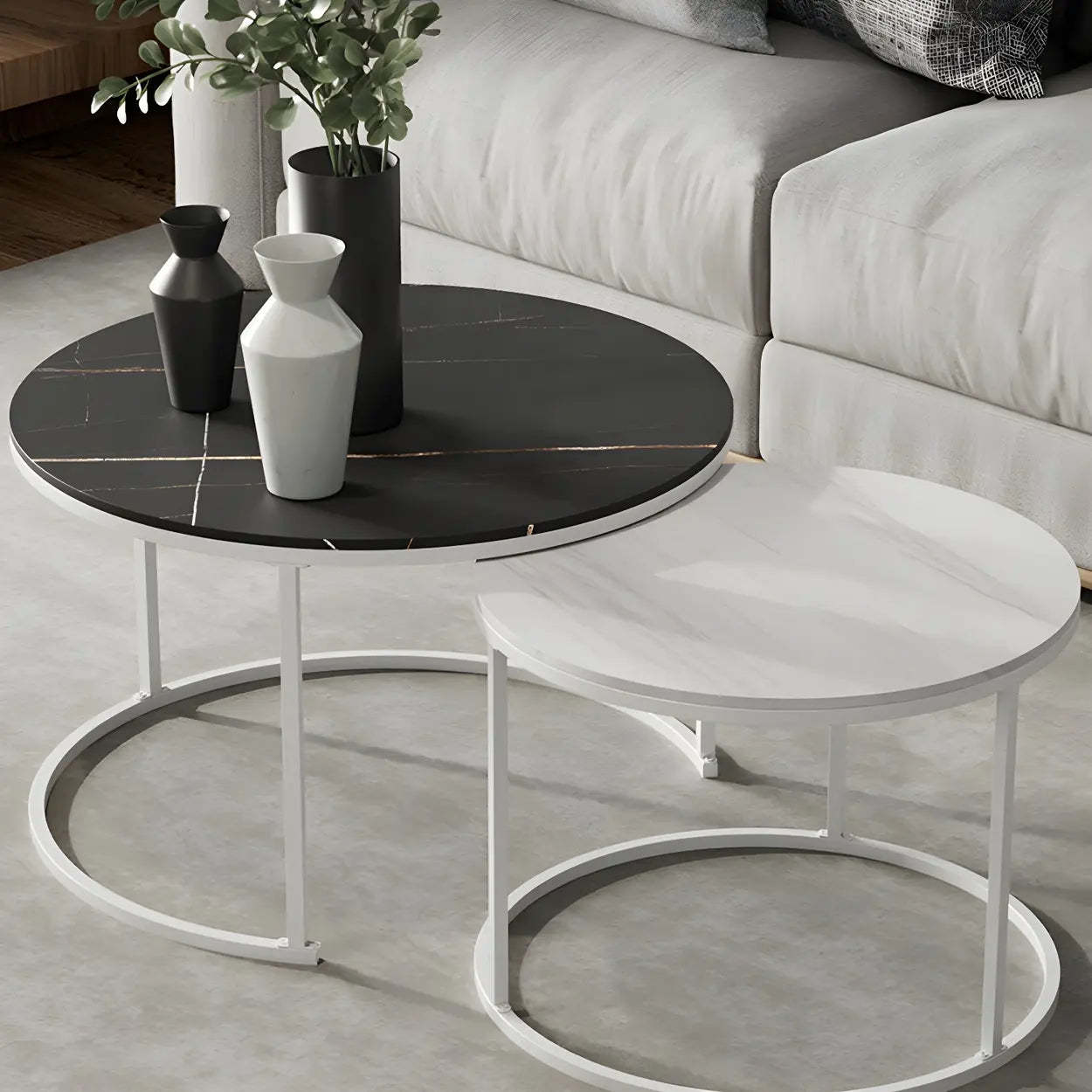 Iron-Frame Round Stone Top Nesting Coffee Tables — Gold / Black/ White