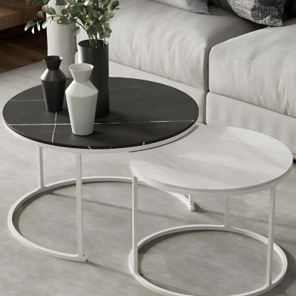 Iron-Frame Round Stone Top Nesting Coffee Tables — Gold / Black/ White