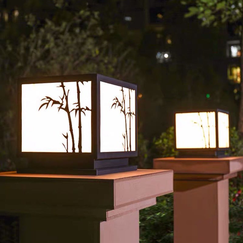 Square Bamboo Pattern LED Modern Solar Outdoor Pillar Lamp