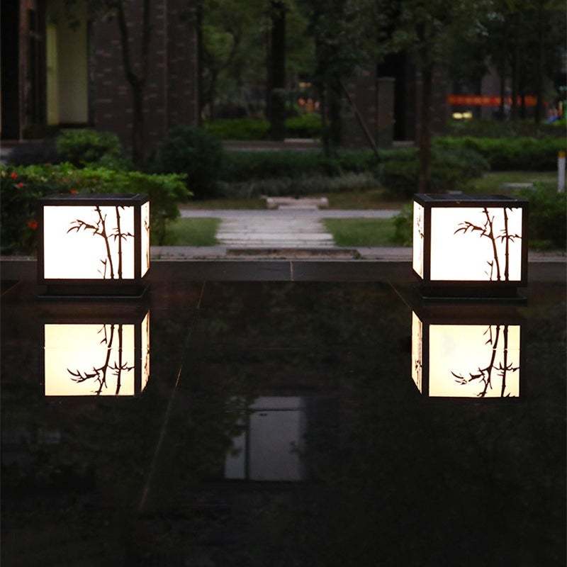 Square Bamboo Pattern LED Modern Solar Outdoor Pillar Lamp