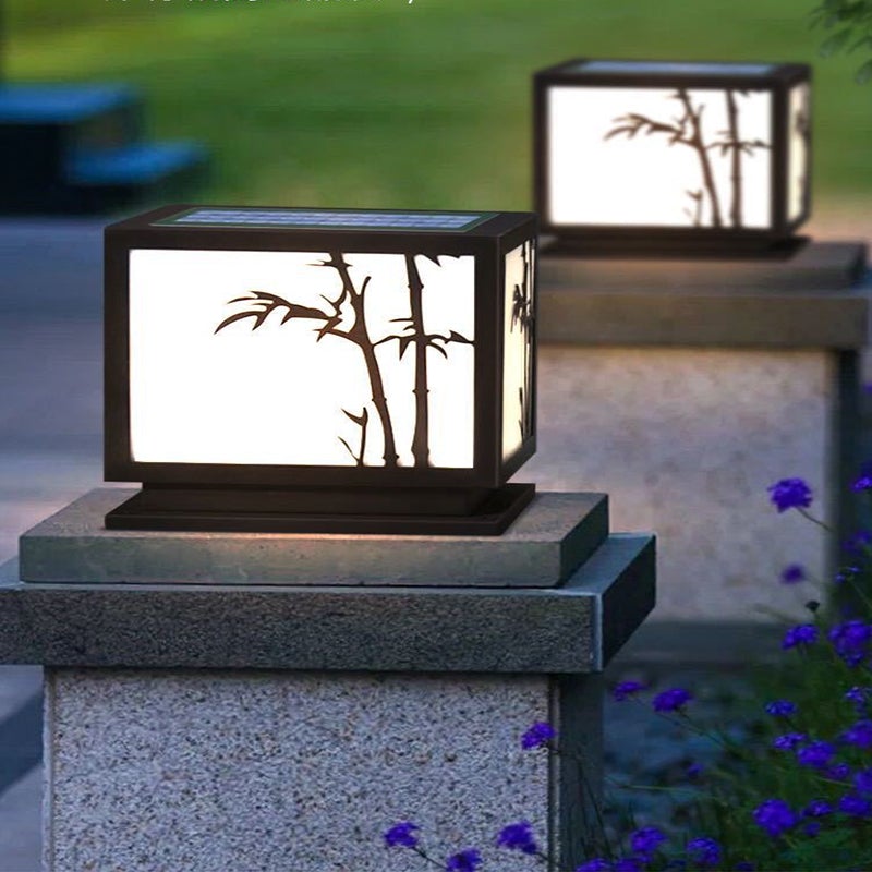 Square Bamboo Pattern LED Modern Solar Outdoor Pillar Lamp