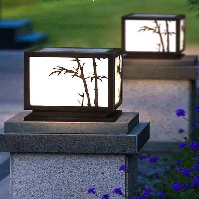 Square Bamboo Pattern LED Modern Solar Outdoor Pillar Lamp