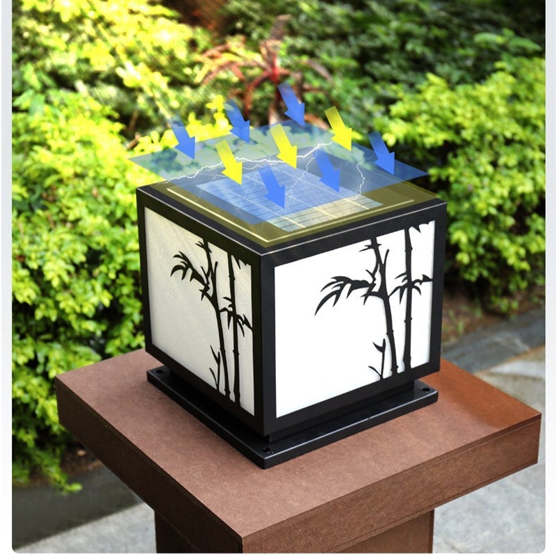 Square Bamboo Pattern LED Modern Solar Outdoor Pillar Lamp
