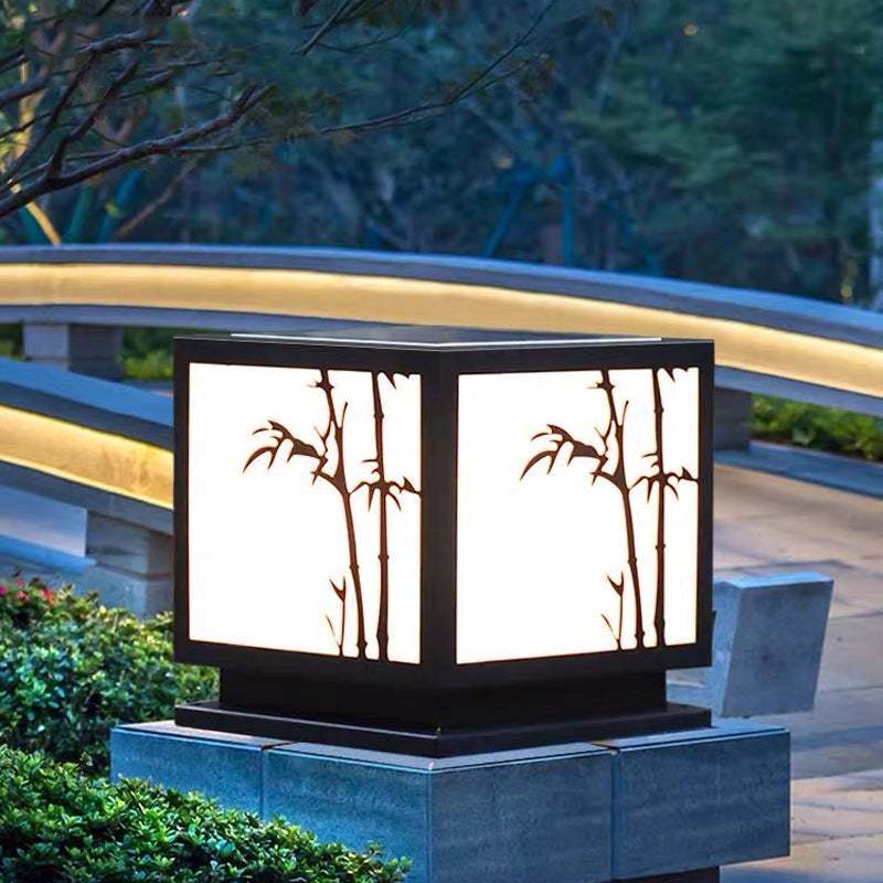 Square Bamboo Pattern LED Modern Solar Outdoor Pillar Lamp