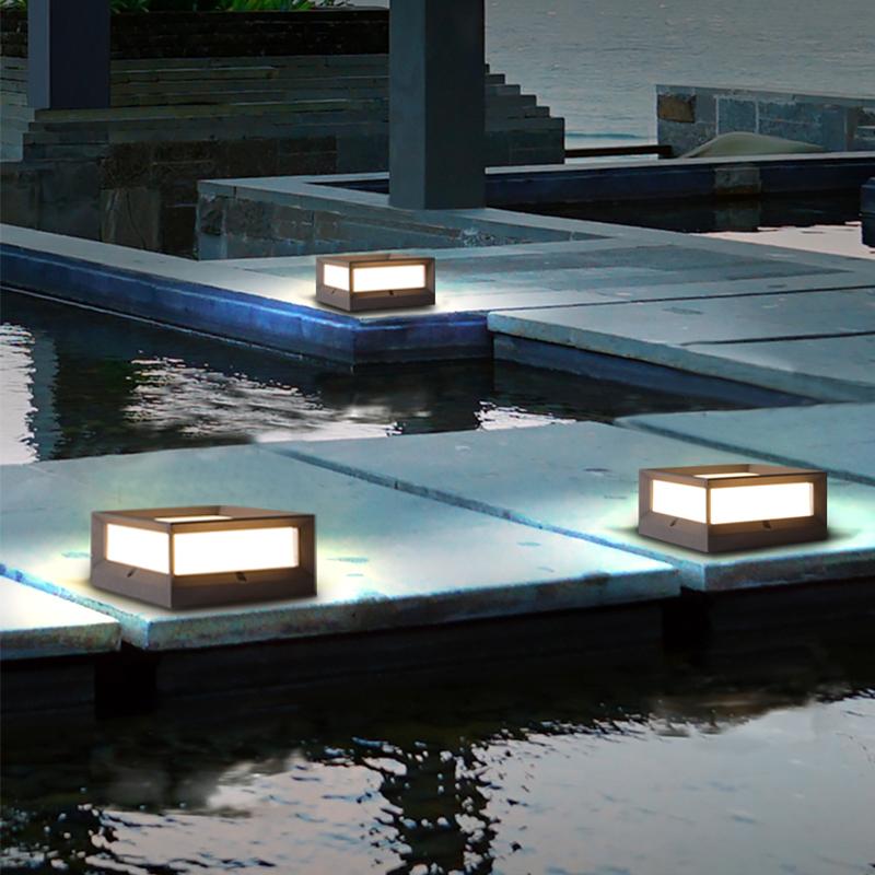 Black industrial fence square outdoor post lights — 9"X9"X4" / Solar / Set of 2