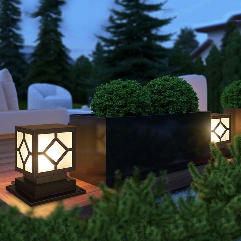 Square Stainless Steel LED Waterproof Black Modern Outdoor Light Post Lamp-Lighom