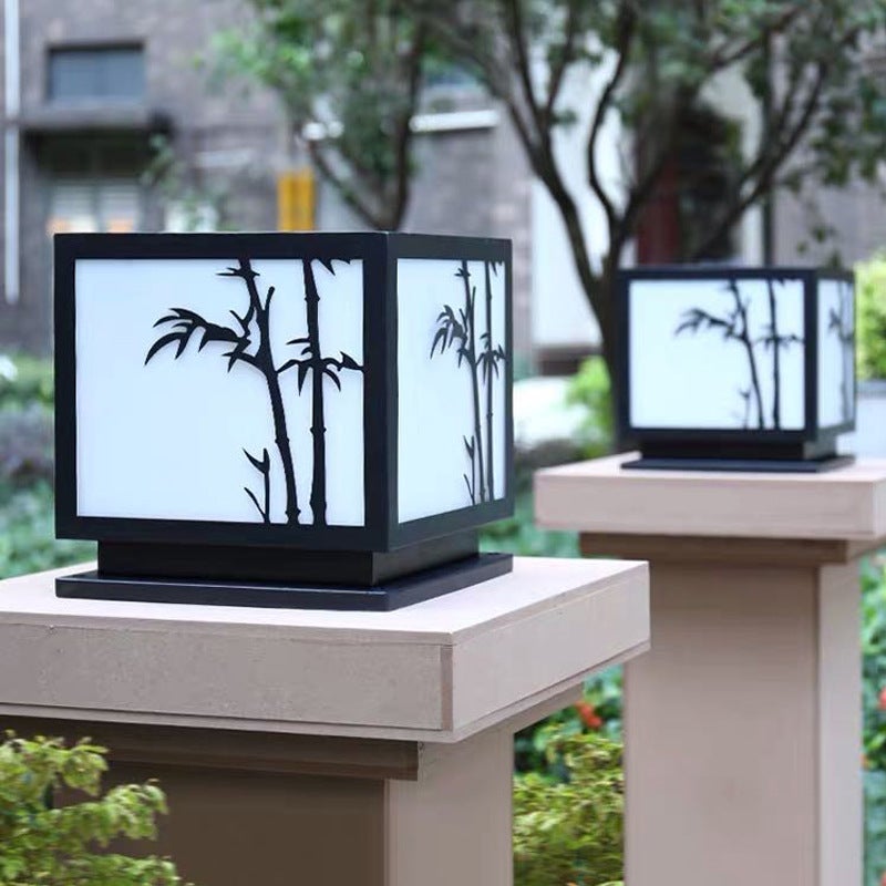 Square Bamboo Pattern LED Modern Solar Outdoor Pillar Lamp