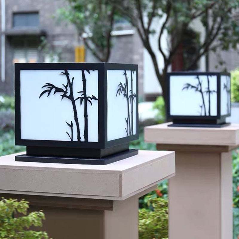 Square Bamboo Pattern LED Modern Solar Outdoor Pillar Lamp