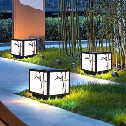 Square Bamboo Pattern LED Modern Solar Outdoor Pillar Lamp