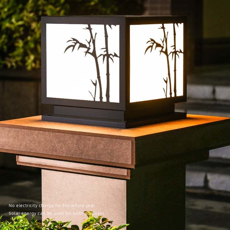 Square Bamboo Pattern LED Modern Solar Outdoor Pillar Lamp