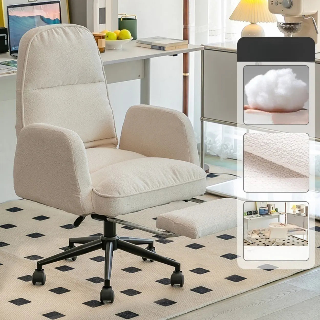 Ivory Swivel Upholstered Office Chair with Footrest