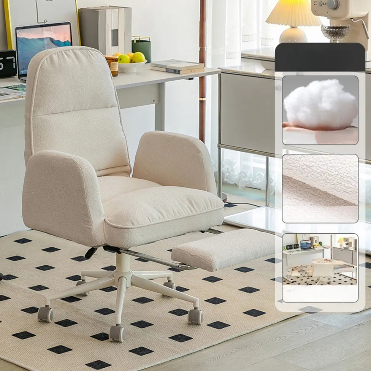 Ivory Swivel Upholstered Office Chair with Footrest — Dark Gray / Black / Nappa