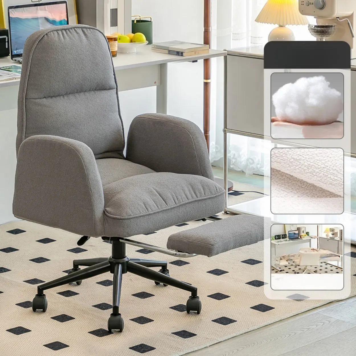 Ivory Swivel Upholstered Office Chair with Footrest — Dark Gray / White / Cotton