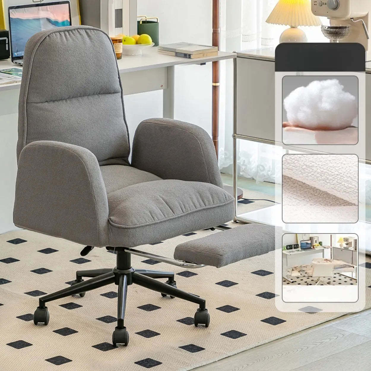 Ivory Swivel Upholstered Office Chair with Footrest — Dark Gray / White / Cotton