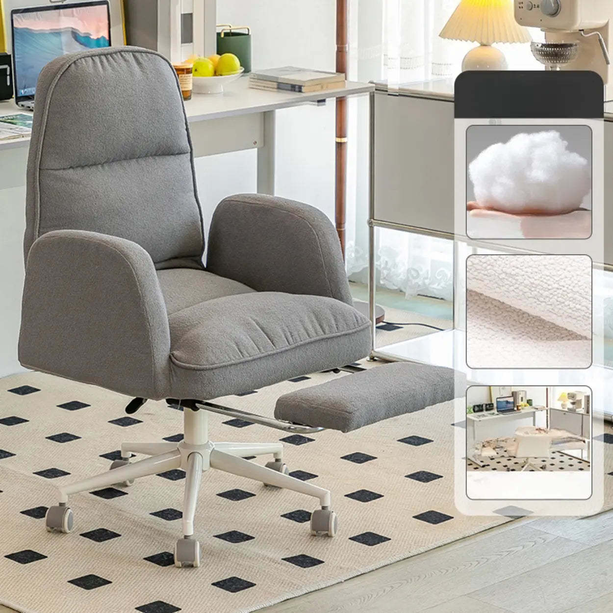 Ivory Swivel Upholstered Office Chair with Footrest — Dark Gray / White / Nappa