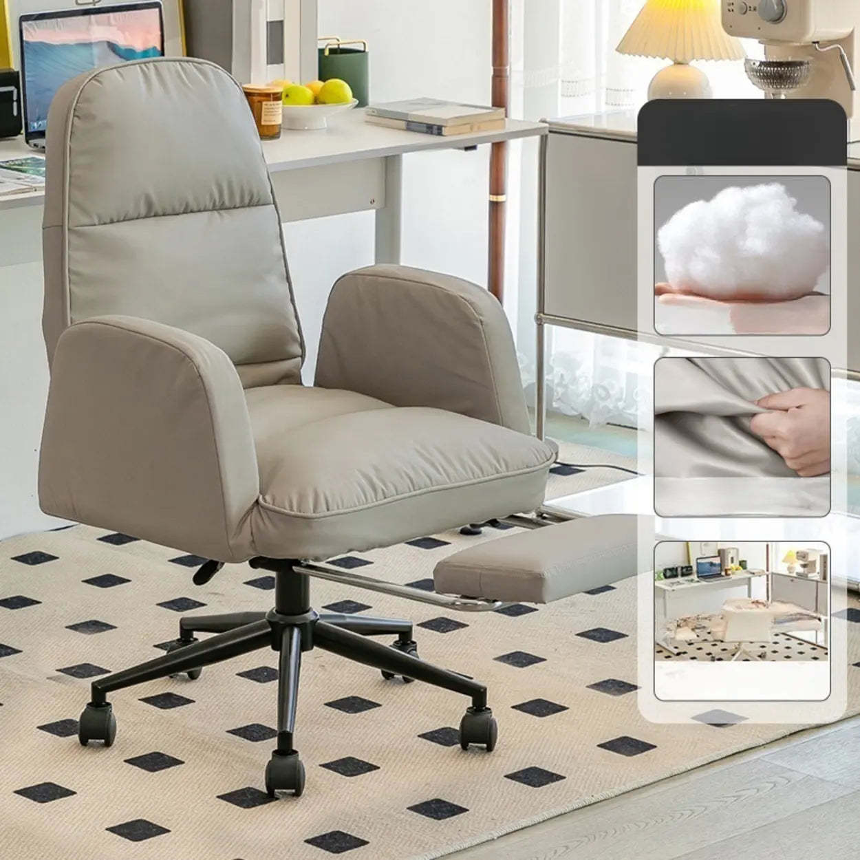 Ivory Swivel Upholstered Office Chair with Footrest — Grey / Black / Nappa