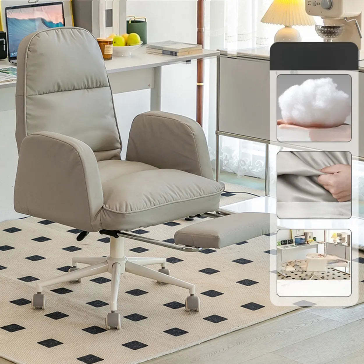 Ivory Swivel Upholstered Office Chair with Footrest — Grey / White / Nappa