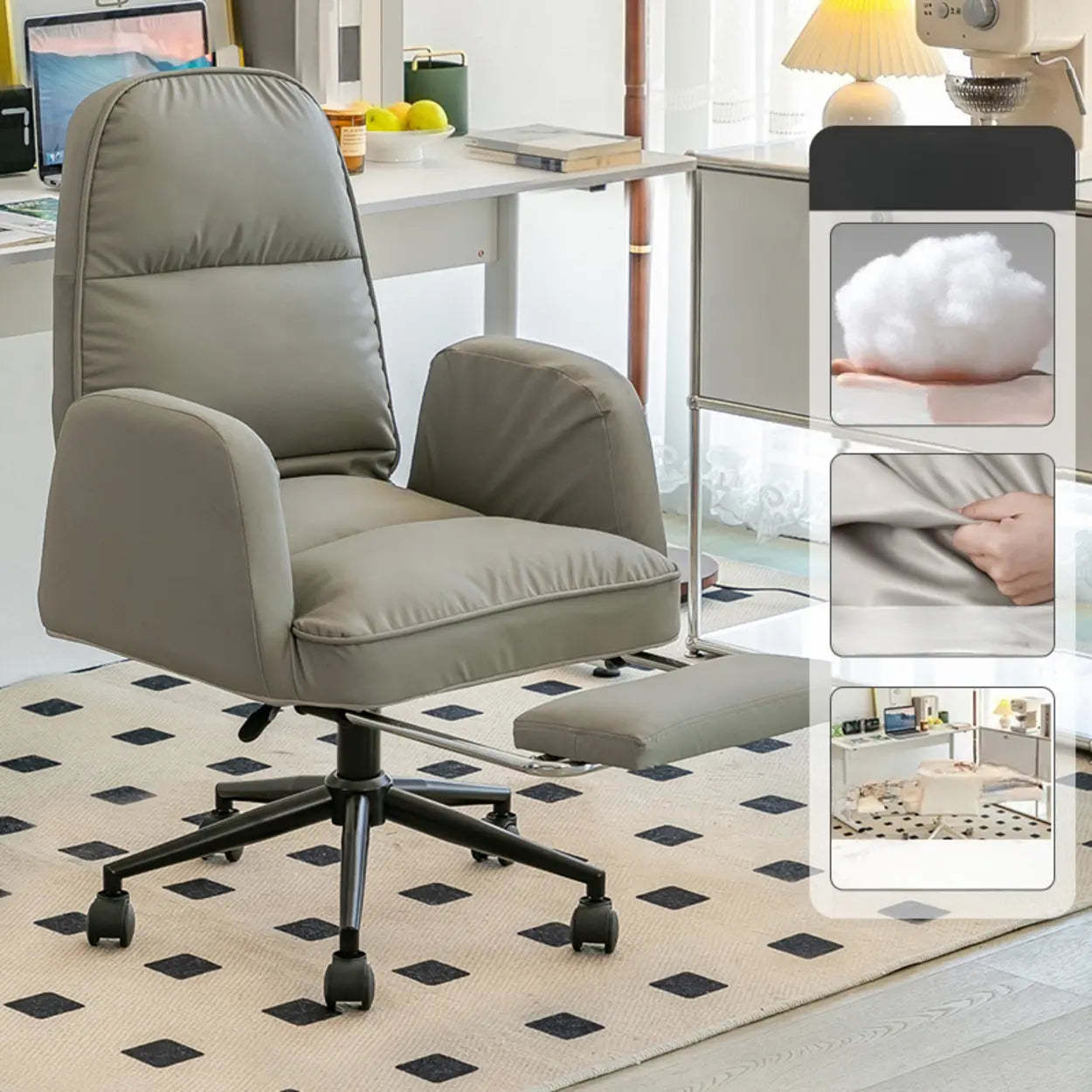 Ivory Swivel Upholstered Office Chair with Footrest — Off-White / Black / Cotton