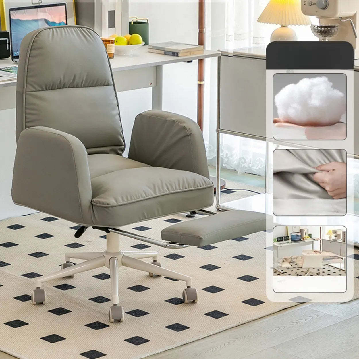 Ivory Swivel Upholstered Office Chair with Footrest — Off-White / White / Cotton