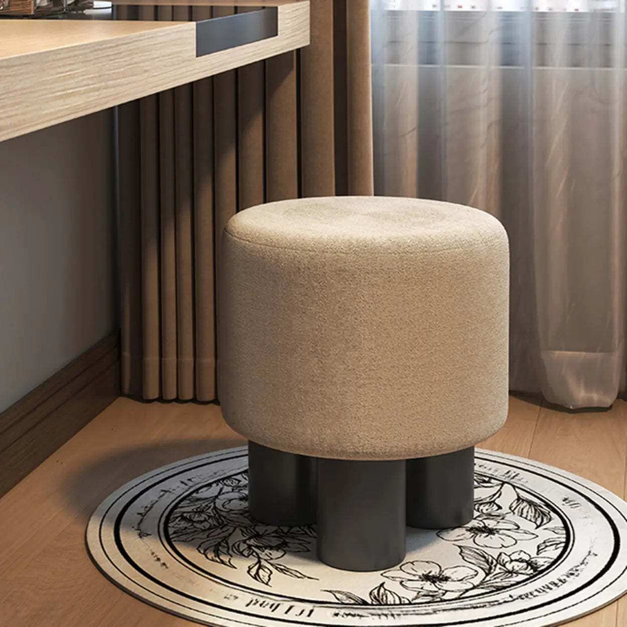 Khaki Round Fabric Upholstered Vanity Stool