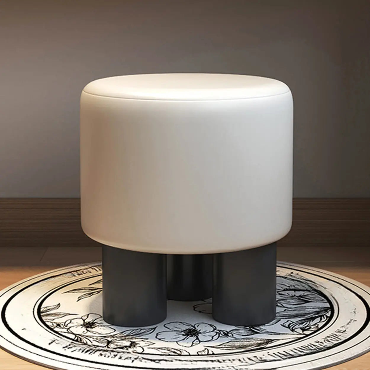 Khaki Round Fabric Upholstered Vanity Stool — Ivory & Cream / PU (Polyurethane)